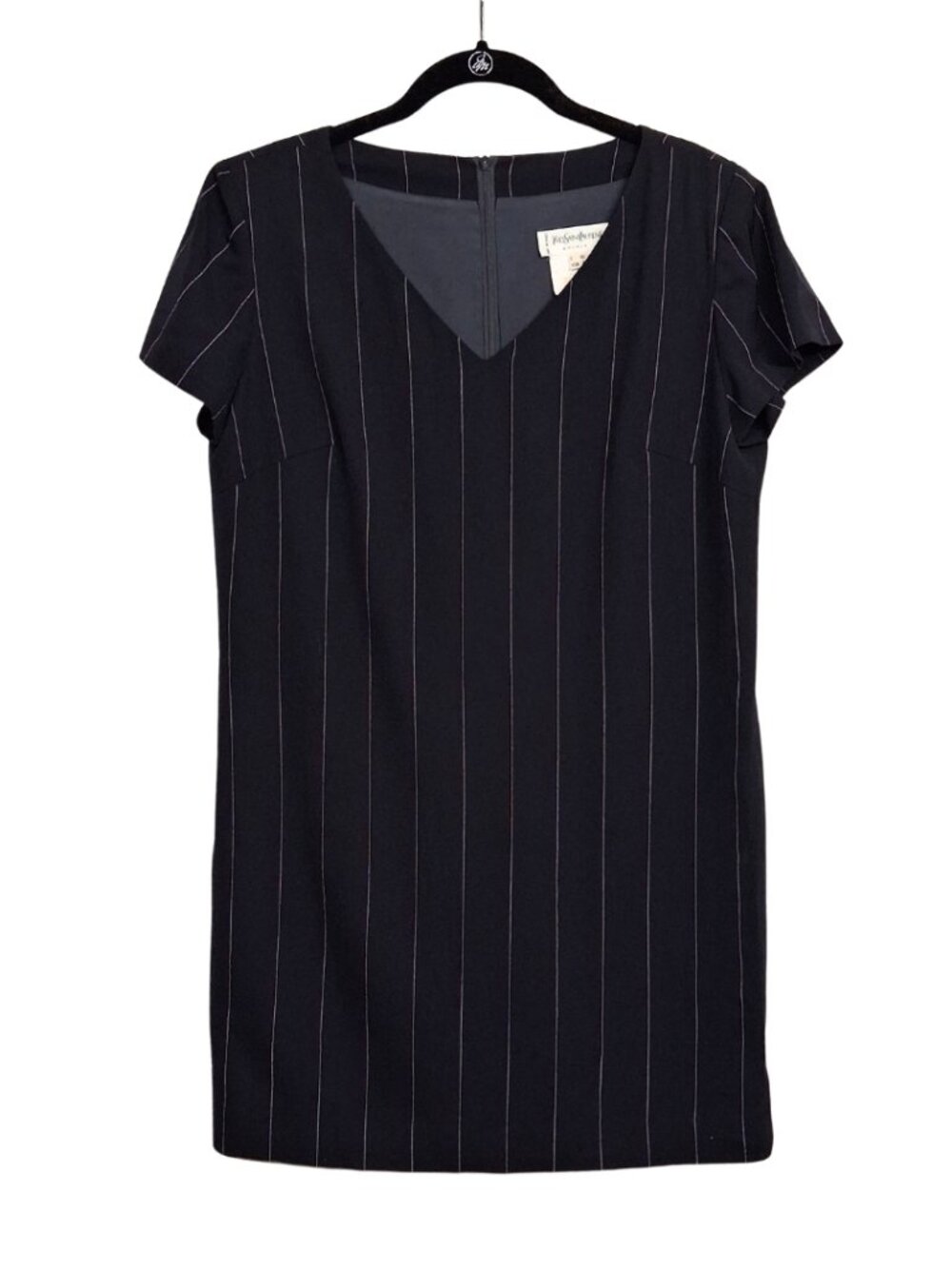 YSL YVES SAINT LAURENT ENCORE Dress Vintage Wool Pinstripe Navy Retro Shift 8